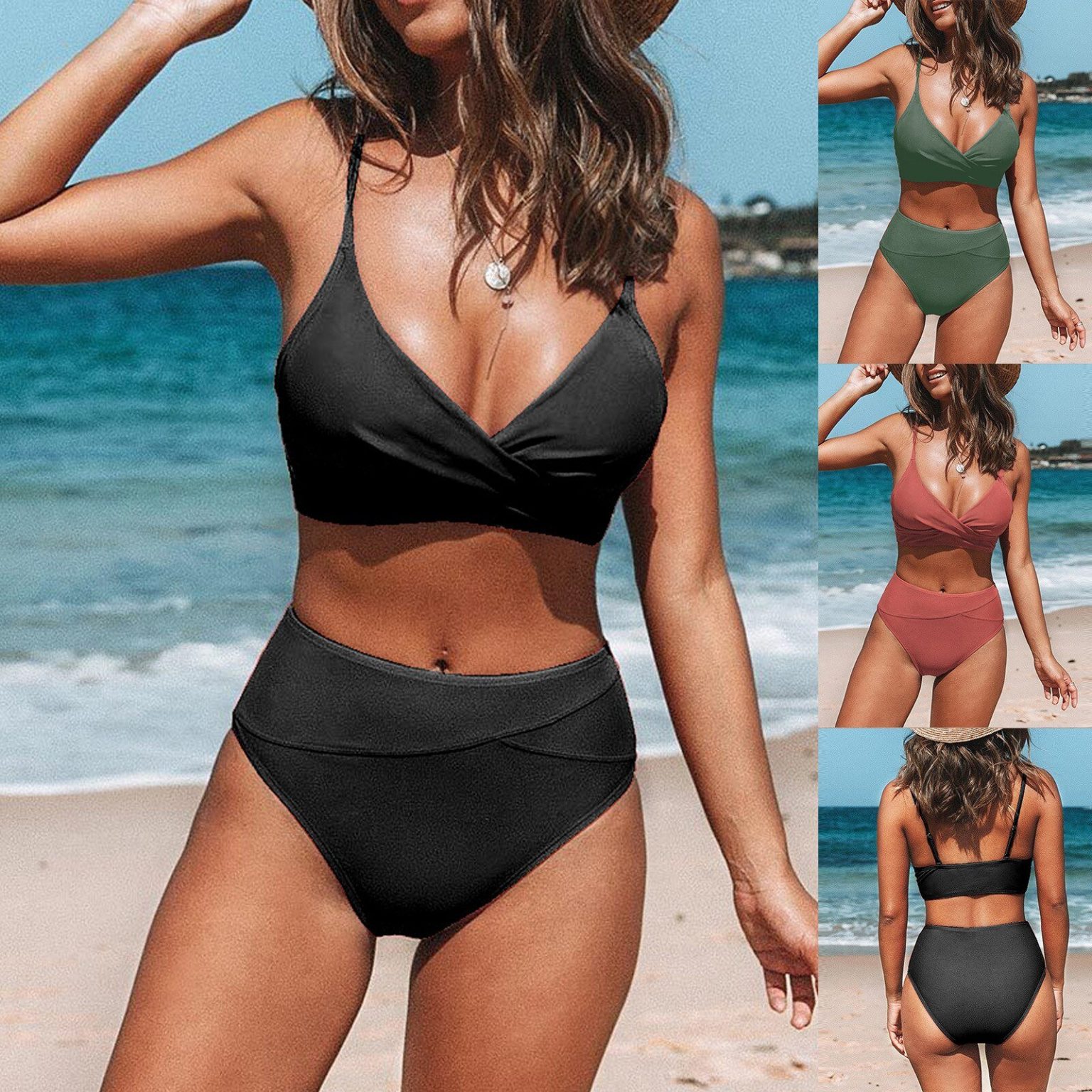 High Waist Contrast Color Bikini Set for Women
